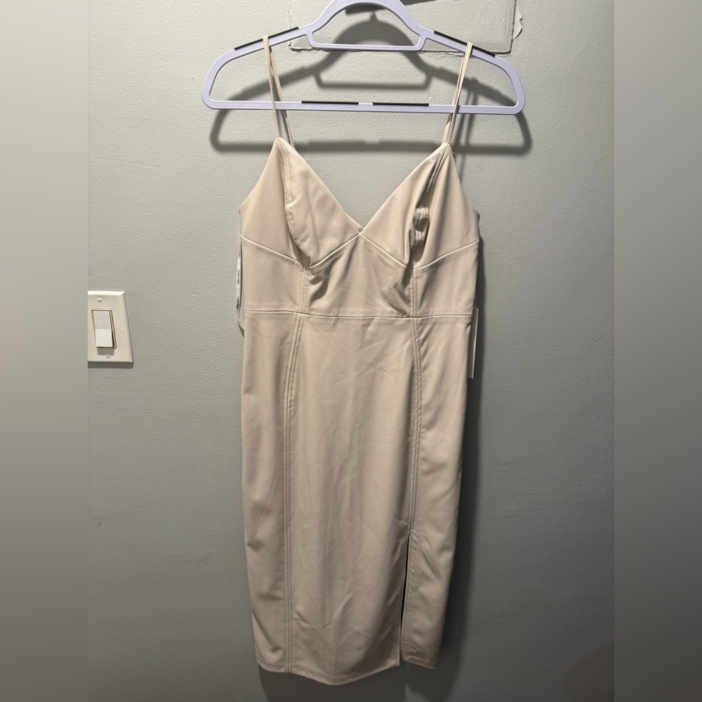 Calvin Klein Elegant Faux Leather Cream Spaghetti Strap Dress